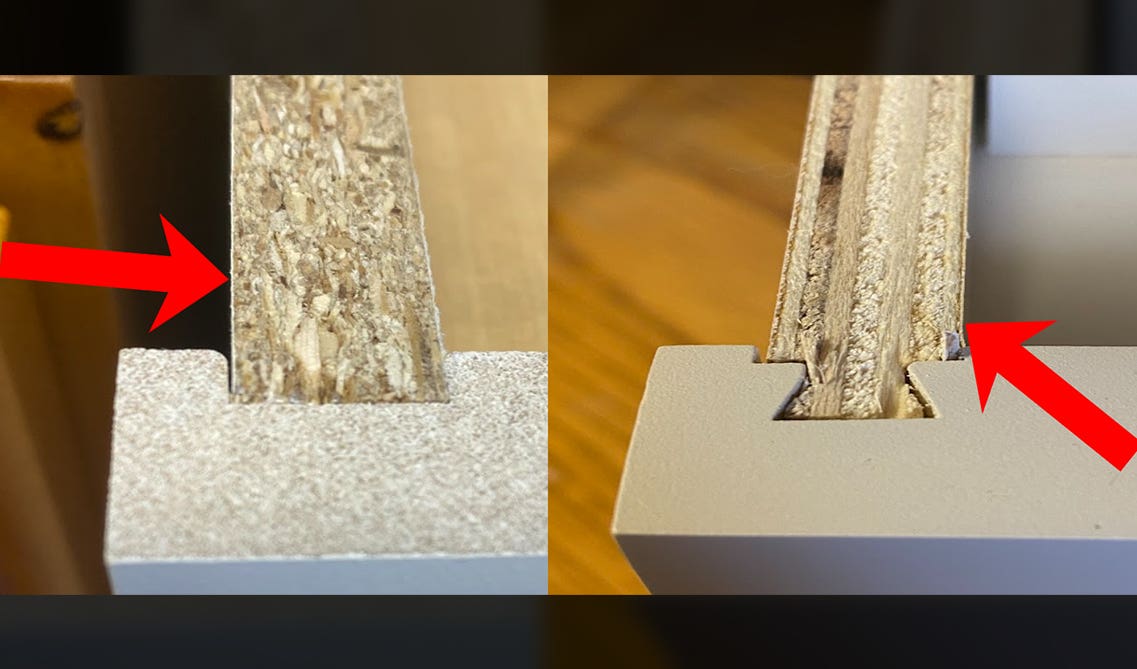 Kitchen cabinet box construction comparison showing plywood vs particleboard interior quality