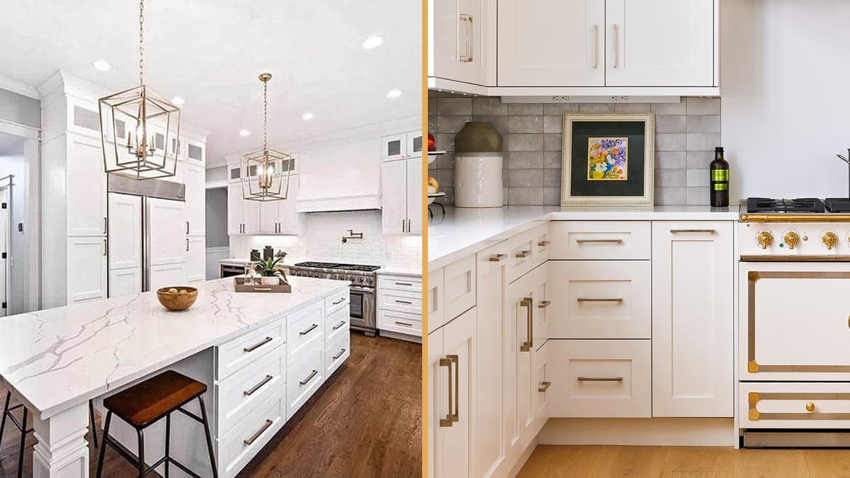 Side-by-side kitchen cabinet design comparison showing standard Shaker and upgraded custom details