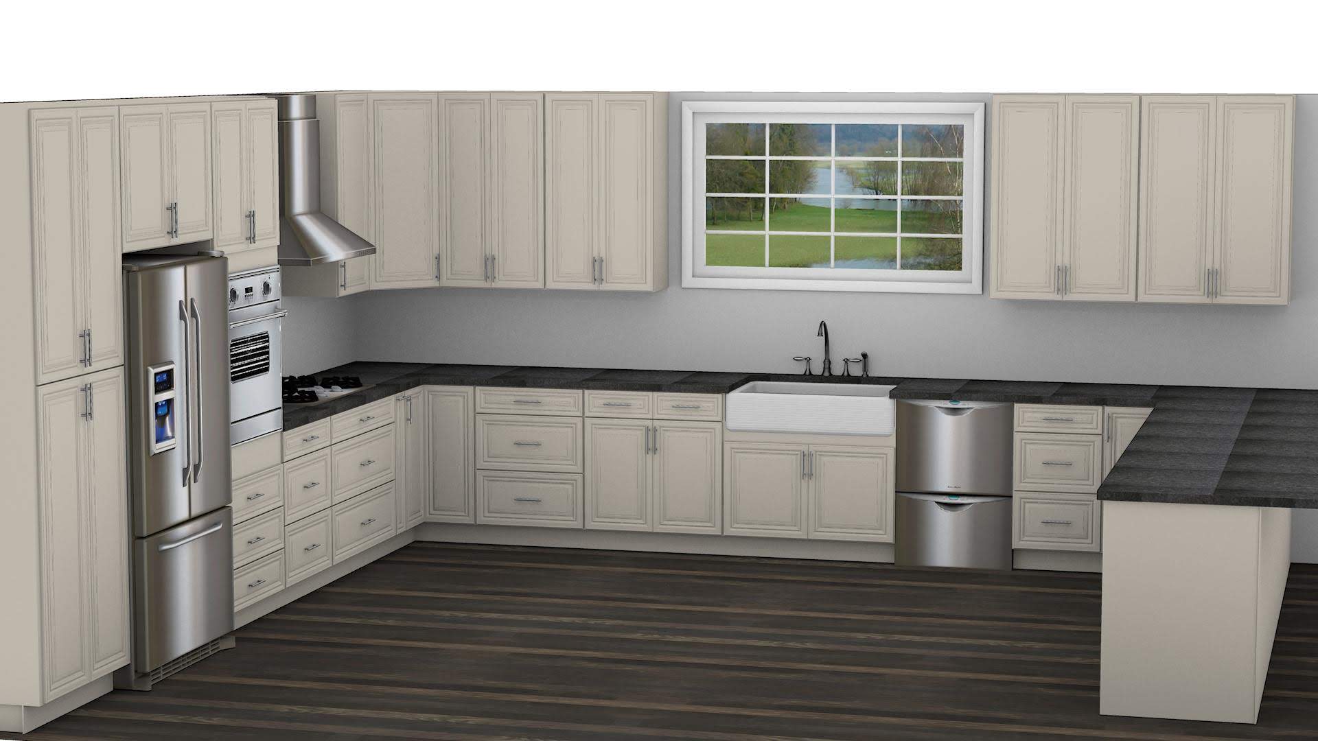 3D kitchen cabinet layout plan showing an L-shaped configuration