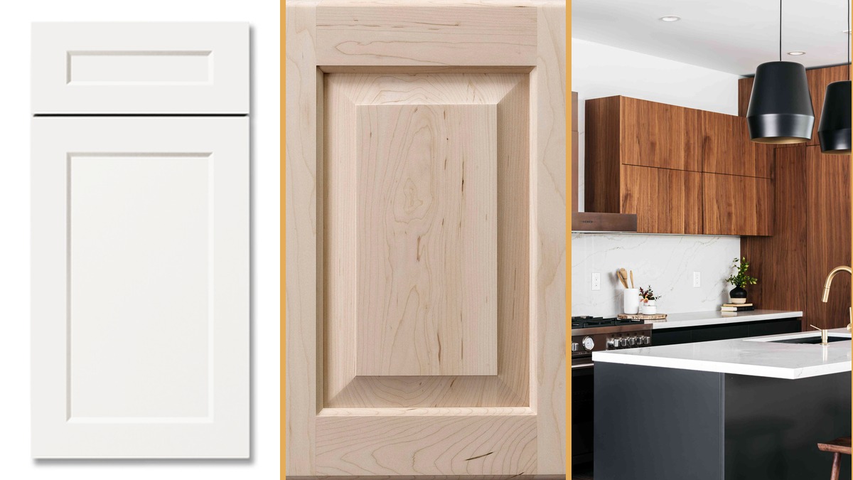 Three kitchen cabinet door styles side by side: shaker, raised panel, and flat slab