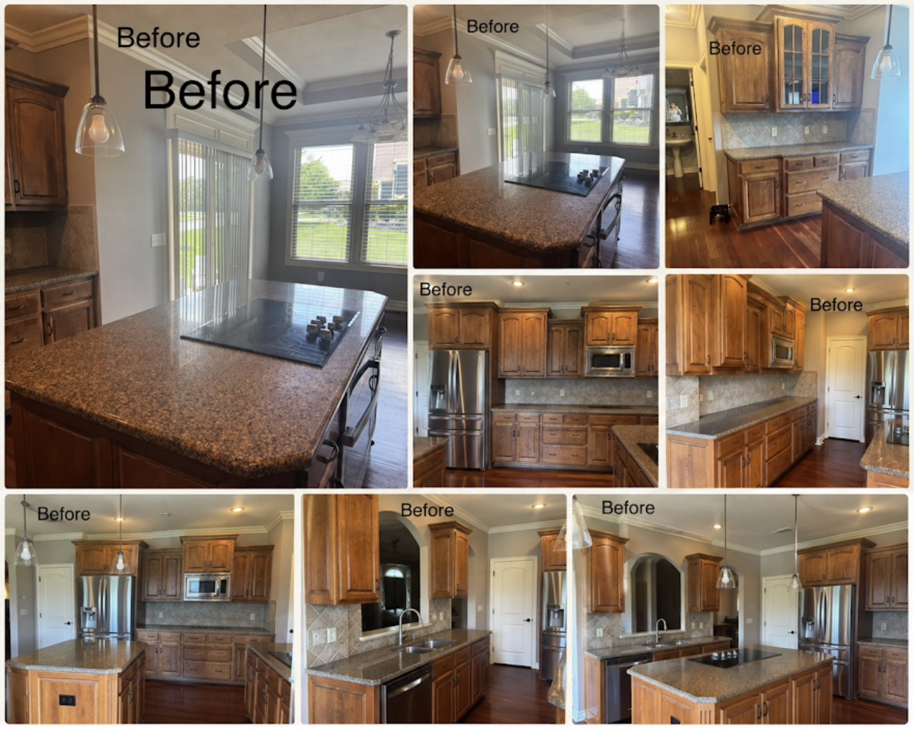 Before: dated oak cabinets, heavy granite and an island with cooktop and oven in a Lee's Summit, MO kitchen