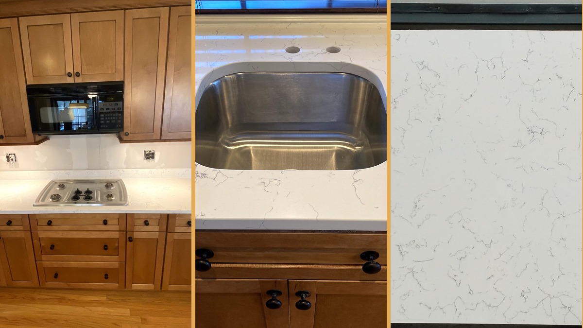 Installed white quartz countertops showing several veining patterns and applications