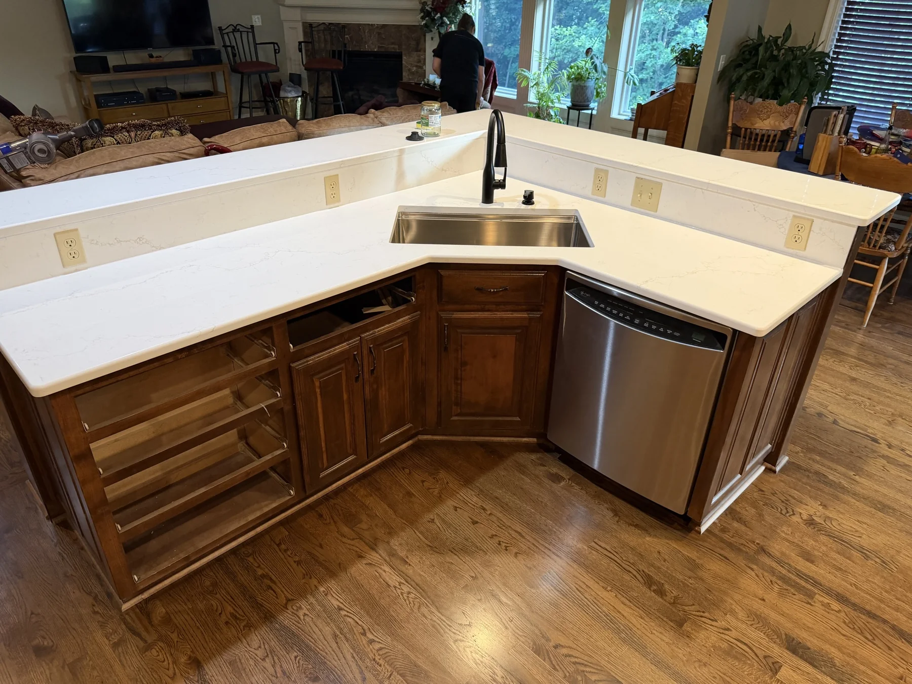 Veined quartz kitchen island countertop installed in Kansas City